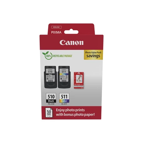 Eredeti Canon PG-510 (1x9ml) + CL-511 (1x9ml) + 50 lap GP501 10x15 fényes fotópapír Multipack