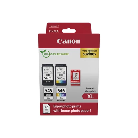 Eredeti Canon PG-545XL (1x15 ml) + CL-546XL (1x13 ml) + 50 lap GP501 10x15 fényes fotópapír Multipack