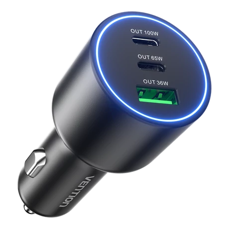 Vention USB-A+C*2 (3port,100/75/36W, fekete,szivargyújtós), töltő